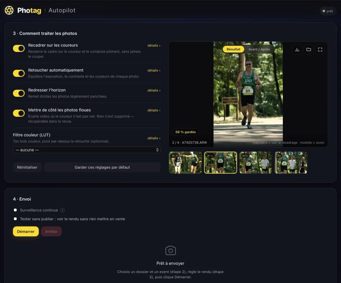 L'application Autopilot en cours de traitement d'une série de photos