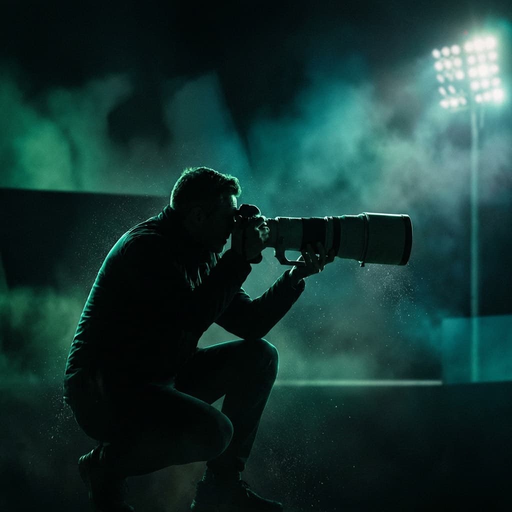 Photographe sportif en bord de piste avec téléobjectif